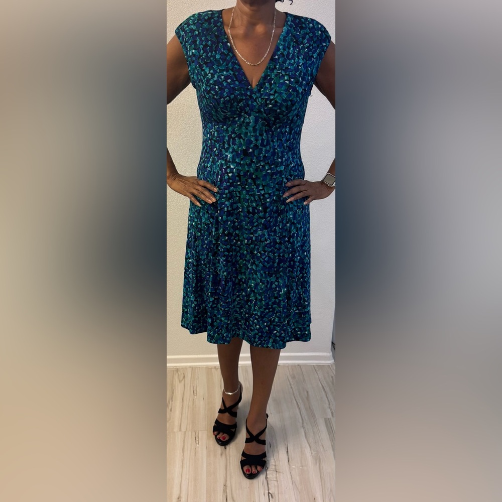 Chaps Blue and Green Wrap Tie Front Midi Dress